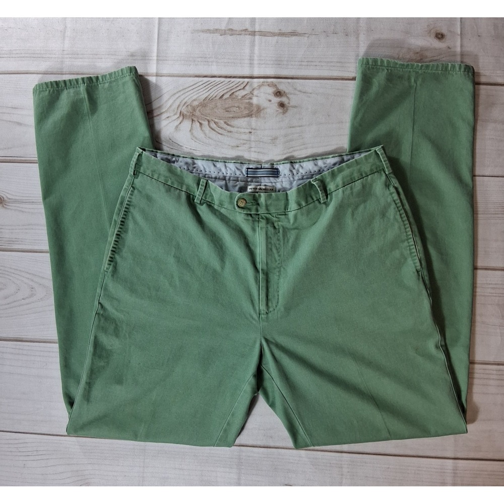 Peter Millar Mens Green Pima Cotton Flat Front Golf Chino Pants Slacks Sz 38x35